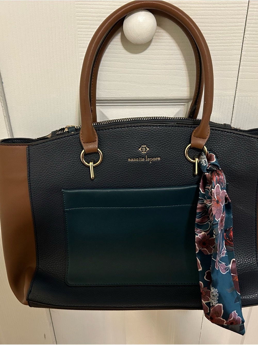 Nanette Lepore Black, Brown & Dark Green Tote with Floral Scarf Accent